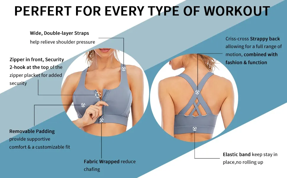 sports bra for women front opening bra zipper in front high impact sports bra full support